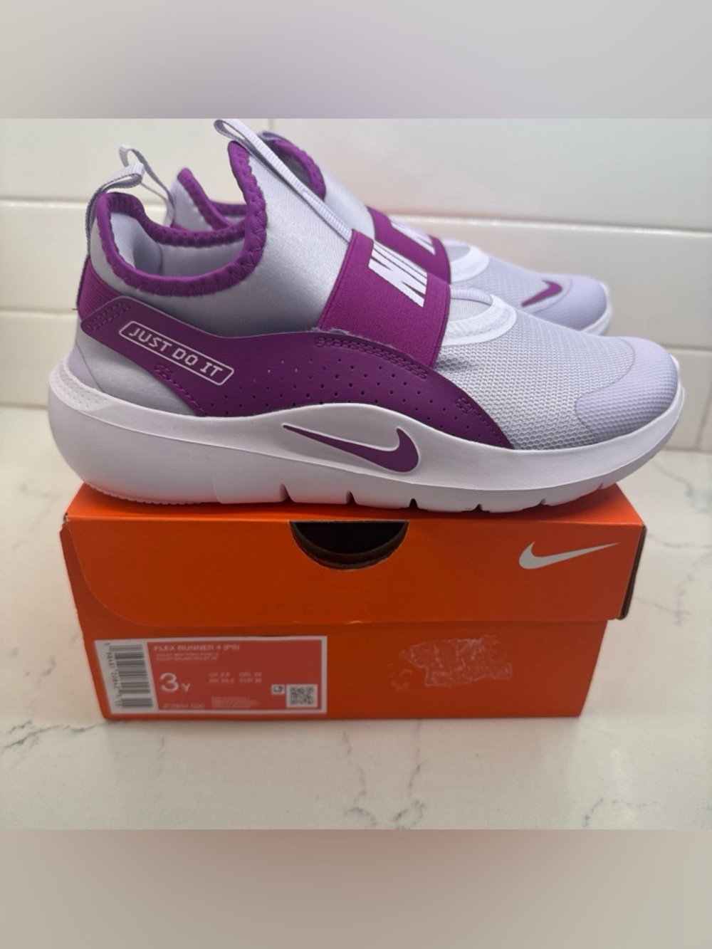 Nike Flex Runner 4 Kids' Slip-On Athletic Shoes - White & Purple Youth Girls